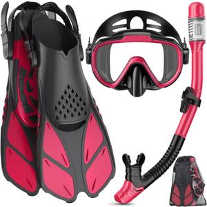 Snorkeling Gear for Adults Men Women,4 in 1 Snorkel Set with Panoramic View Diving Mask Anti-Fog Anti-Leak,Dry Top Snorkel,Fins and Travel Bag for Swimming,Snorkeling and Travel Diving (ML/XL, PinkRed)