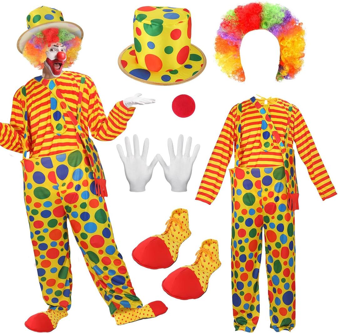 Liitrsh 7 Pcs Halloween Adult Clown Costume Set Includes Halloween Accessories Rainbow Clown Wig Nose White Gloves Bag Clown Shoes Hat for Men Cosplay Party Circus Props Carnival Favors