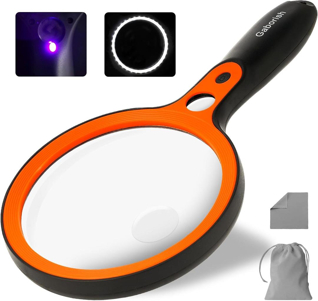Large Magnifying Glass with 36 LED Light, 10X 20X 45X Handheld Illuminated Lighted Magnifier with 1 UV Light for Seniors Reading, Inspection, Coins, Exploring Close Work