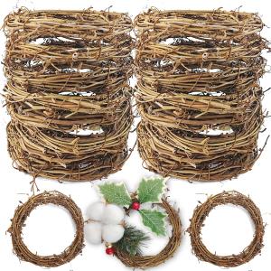 TIHOOD 16PCS 4inch Grapevine Wreaths Vine Branch Wreath Christmas Rattan Wreath Garland Decoration for Christmas Holiday Craft or Wedding Supplies