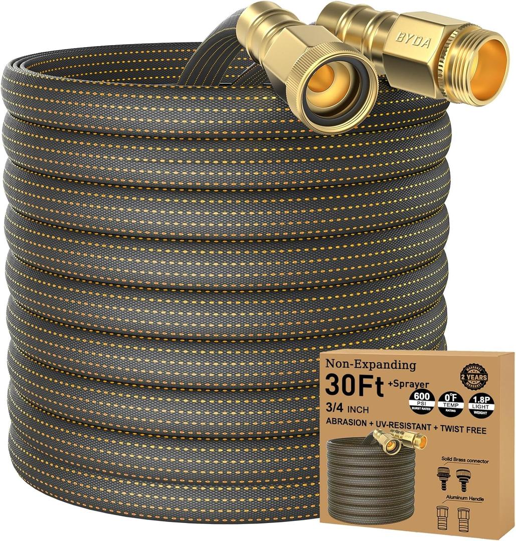 30 ft Lightweight Flexible Hose, Non-Slip Handles, Lightweight Alloy Brass Plated for Boats, RVs, Marine Washdown, Lawn, Gardening, Leakproof, Male/ Female Connector (OrangeBlack, 30 FT Hook&Spray Nozzle)