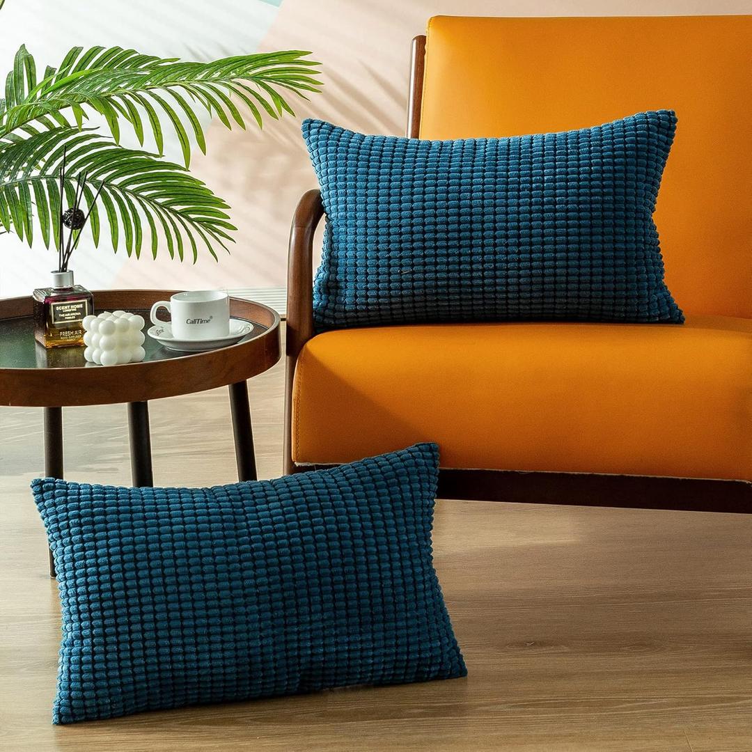CaliTime Throw Pillow Covers Pack of 2 Comfy Corduroy Corn Striped Waffle Decorative Cushion Cases for Couch Sofa Bed Farmhouse 12 X 20 Inches Ocean Blue