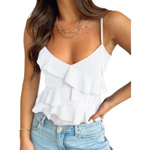 Trendy Queen Tank Tops for Women V Neck Sexy Going Out Tops Camisole Summer Flowy Ruffle Spaghetti Strap Shirts 2025 White Medium