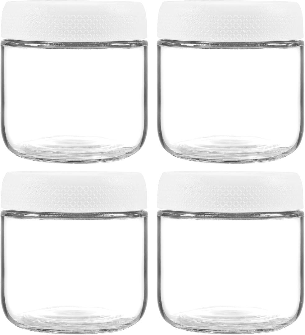 4 Pack Glass Clear Storage Canister with Airtight Lid, 12oz Overnight Oats Containers, Small Cute Decorative Pantry Jar for Snacks, Yogurt, Cereal, Fruit, Salad, Spice, Sugar, Coffee - White