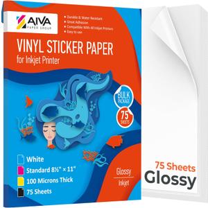 Printable Vinyl Sticker Paper - Waterproof Decal Paper for Inkjet Printer - 75 Self-Adhesive Sheets - Glossy White - Standard Letter Size 8.5"x11"