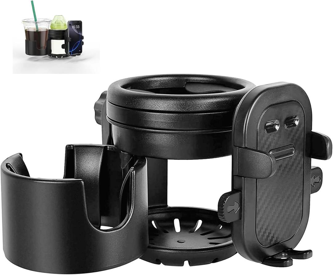 ZealSound Stroller Cup Holder, 3-in-1 Bottle Holder with Phone Holder for Wheelchair, Stroller, Bike, Walker, Scooter, 360 Rotatable Drink Holder for Uppababy, Bugaboo, Nuna, Doona