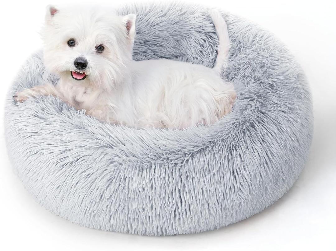 Calming Dog Bed & Cat Bed for Indoor Cats, Medium Size Washable Anti-Slip Anti-Anxiety Donut Dog Beds for Small Dogs & Cats, Fluffy Plush Cozy Round Dog Bed(20 Inch, Light Grey)