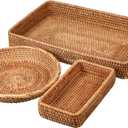 3PCS Rattan Serving Tray,14inch Woven Tray8inch Imitation Rattan Basket Wovens Basket Reusable Bread Baskets Wicker Trays Decorative Woven Trays for Decor Wicker Fruit Baskets for Breakfast, Snack