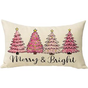Pink Christmas Tree Decorative Throw Pillow Cover 12 x 20, Rectangular Xmas Pine Trees Outdoor Home Decor, Merry and Bright Winter Holiday Sofa Couch Cushion Case