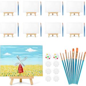 8 Pack 8x10 in Canvas Boards for Painting,Canvas for Painting with 9.5" Easel, Art Canvas Painting Kit with 10 Brushes & 2 Paint Tray for Kids Teenagers Acrylic Pouring Oil Water Color Gift