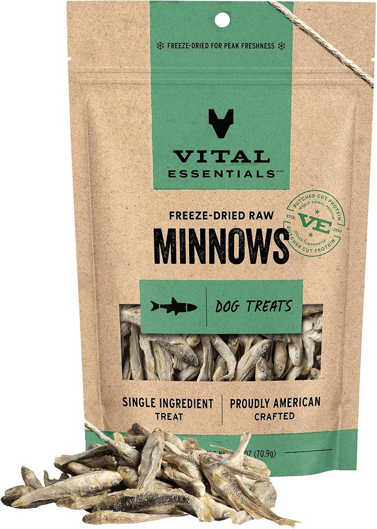 Vital Essentials Freeze Dried Minnows Dog Treats | Single Ingredient | Premium Quality | Grain Free Treats for Dogs, 2.5 oz Bag (EXP 05/29/28)