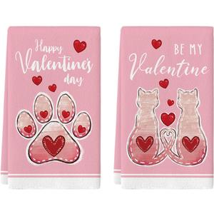 Artoid Mode Pink Cat Paw Print Love Heart Valentine's Kitchen Towels Dish Towels, 18x26 Inch Anniversary Wedding Decoration Cleaning, Set of 2
