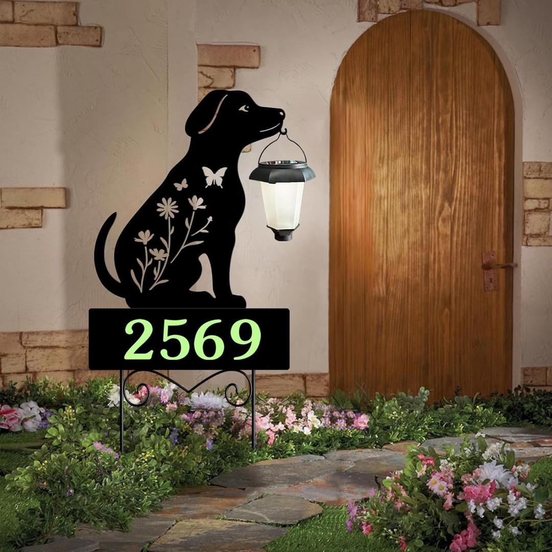 Solar House Numbers for Outside,YY Gardenia Metal Dog Address Signs for Houses with Glow in the Dark,Outdoor Decorative for Garden,Lawn,Patio,Pathway