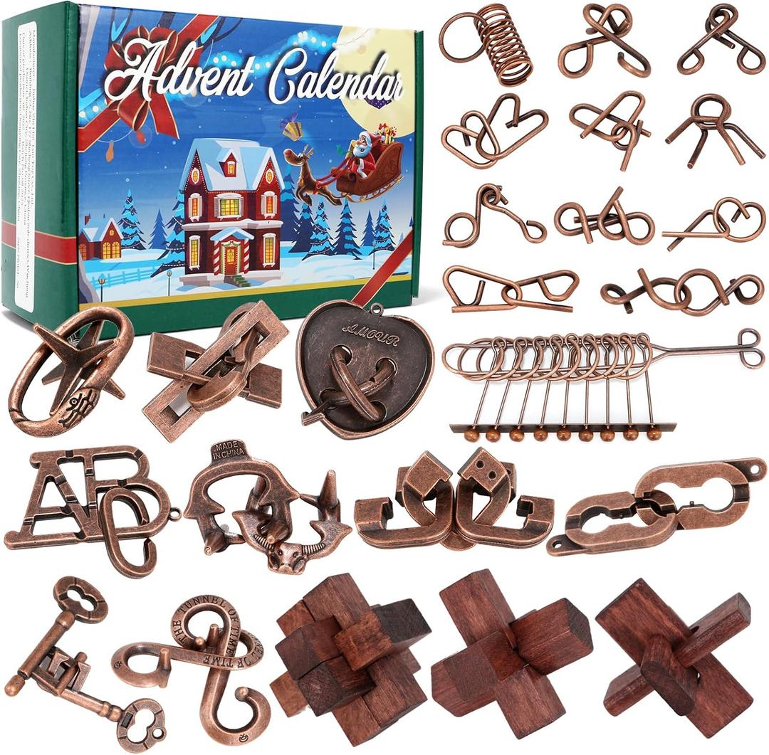 Advent Calendar 2025, Christmas Countdown Calendar Gift Box with 24 Brain Teaser Puzzles, 24 Days Metal & Wood Brain Teaser Puzzles Xmas Countdown Calendar Challenge for Adults Teens Boys Girls (gold)