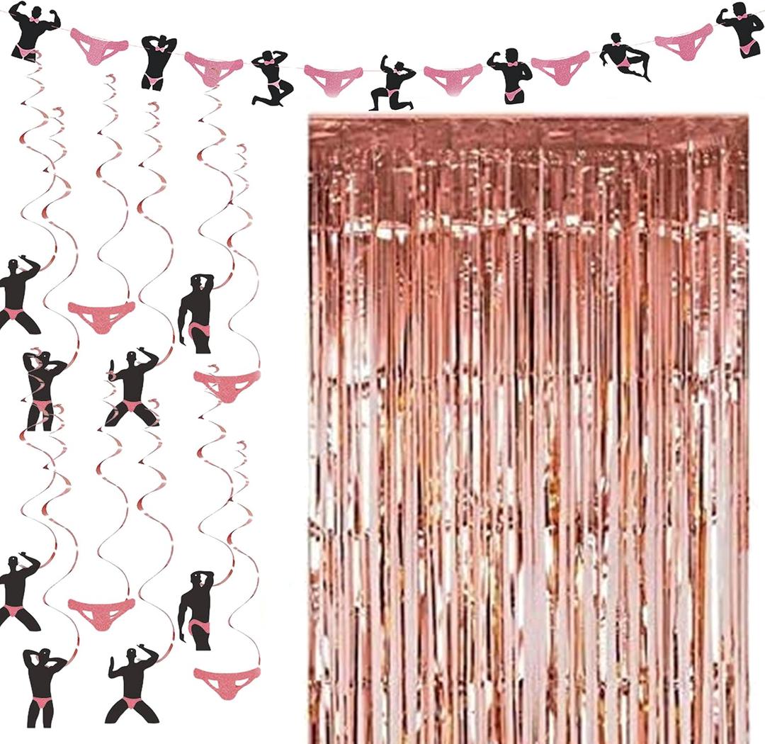 KIKEVITE Bachelorette Party Decorations I Rose Gold Curtain, Stripper Man Hanging Swirls & Banner for Birthday Wedding Engagement Bridal Shower