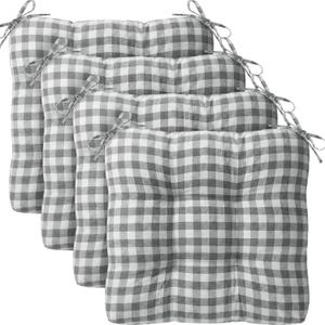 Geetery 4 Pack Chair Cushions for Dining Chairs, 16" x 15" Gray and White Kitchen Chair Cushions with Ties Buffalo Plaid Soft Comfy Seat Pads for Home Office Living Room Outdoor Indoor