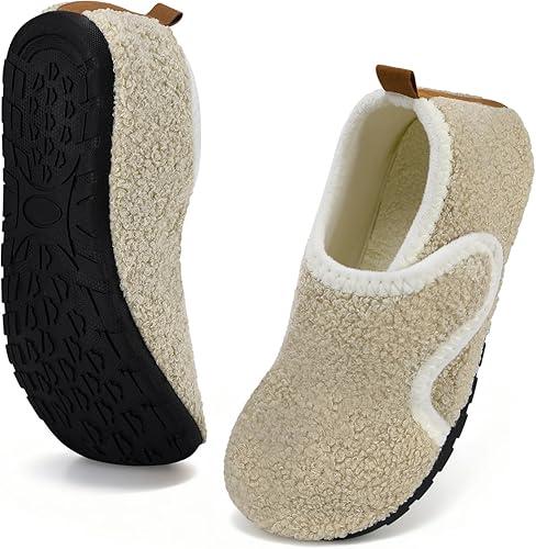 Apipi Warm Wide Slippers for Women - Easy on/off Non-Slip Comfy Slipper Shoes for Bedroom Travel, Gifts for Elderly Women (Beige) 6-6.5 (Women’s Wide)