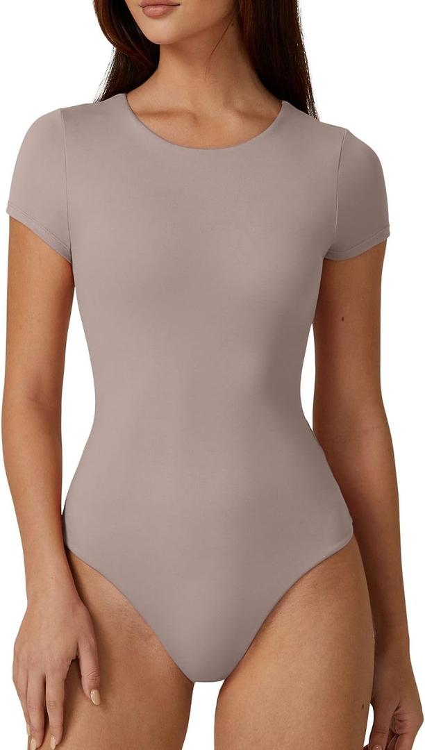 QINSEN Women's Crew Neck Short Sleeve Bodysuit Double Lined Body Suits Basic T-shirt Tops (Mocha), S