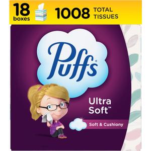 Puffs Ultra Soft Facial Tissue, 18 Cubes, 56 Tissues Per Box