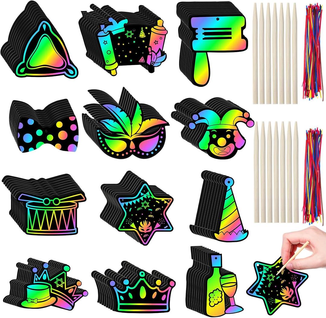 Deekin 120 Pcs Purim Scratch Paper Cards Set Jewish Mask Scratch Cards Kit for Dress up Mardi Gras Party Favor DIY Art Painting Project Supplies