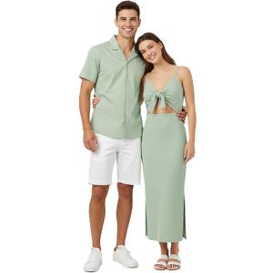 PATPAT Couples Matching Outfits Bodycon Dress & Button-Down Shirt | Matching Cruise Outfits for Couples, Beach Vacation Outfits, Tie Front Cutout Slit Bodycon Sundress, Linen Men's Shirt (Green, XL)