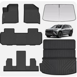 LJWAITO Floor Mats & Large Cargo Liners & Sun Visor for 2018-2022 2023 Chevy Traverse 7 Seats-2nd Row Bucket Seat，Car Floor Liners with Trunk mat with Windshield Sun Shade for Chevrolet Traverse