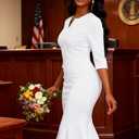 Nmoder Women Mermaid Cocktail Bodycon Church Fishtail Midi Dresses V-Neck | Sheath Ruffle Hem with Femininity, Slim Fit to Show Curve, 3/4 Sleeve Midi Length for Semi-Formal, Wedding Guest, Business (White, M)