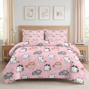 Twin Size Bedroom Comforter Set with 1 Pillowcase, Cute Cartoon Pet Cat Paws Kittens Themed, Bedding Decor Cool Funny Lovely Pink Baby Cats Animal Girls Soft Cozy Bed Set for Kids and Adults