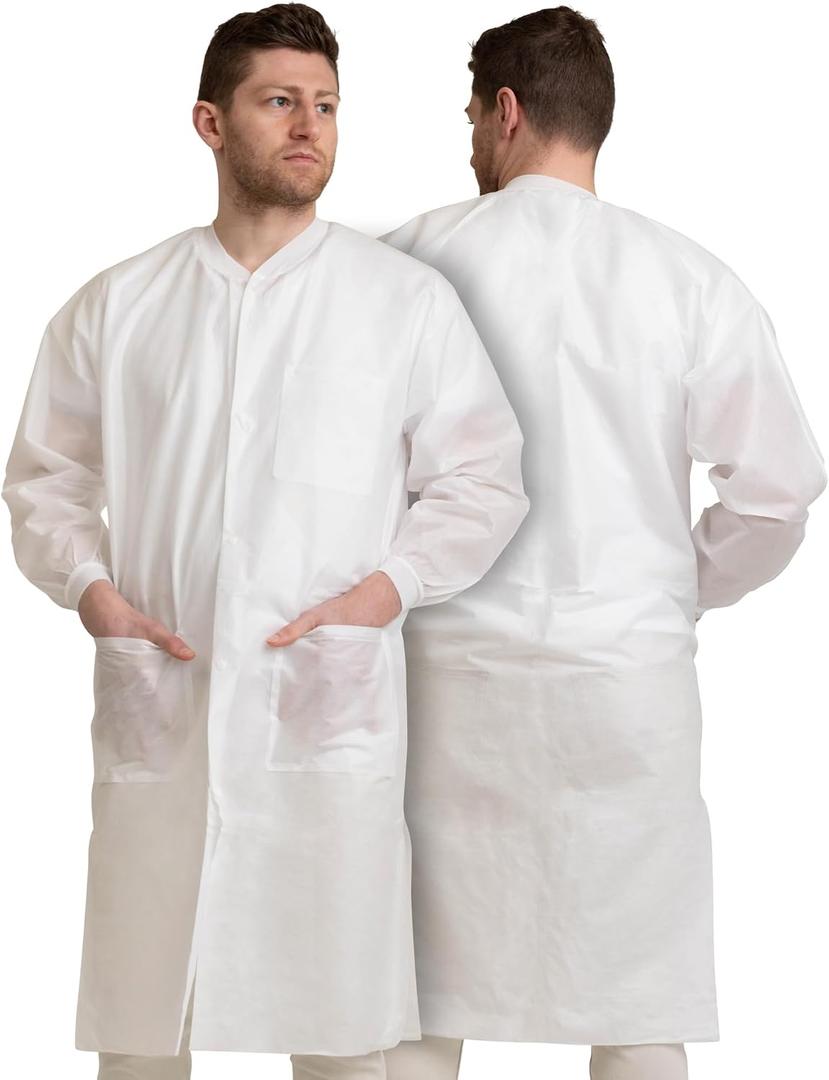 30 Pack Disposable Lab Coats - White Lab Coat with Pockets, Knee Length, Lab Coat Women and Men | Perfect For Use in Hospitals, Pharmacies, Labs, Clinics, Painting, at Home | Small