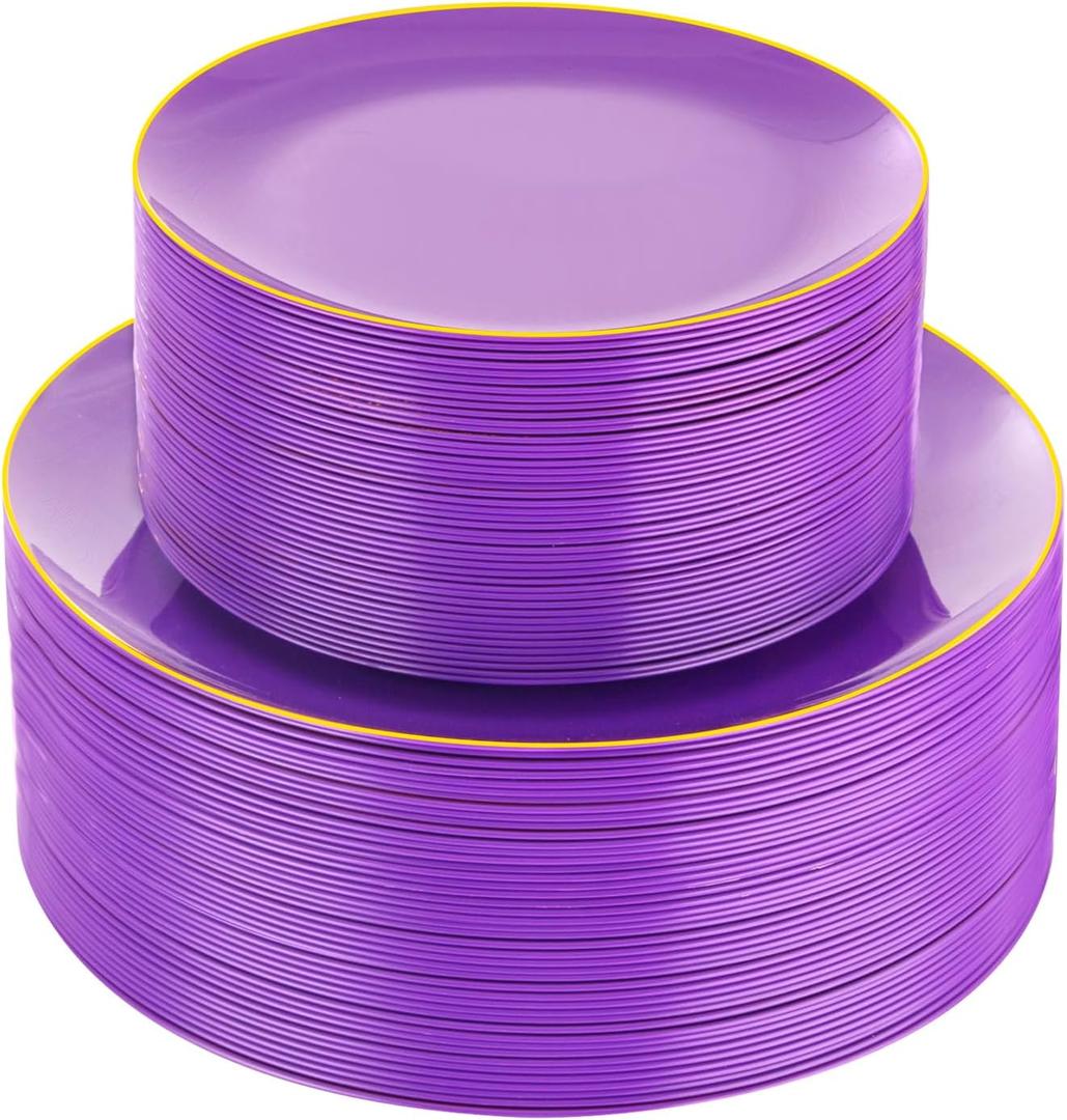 PULOTE 100PCS Purple Plastic Plates - Disposable Purple and Gold Plates Include 50 Dinner Plates 10.25 Inch and 50 Dessert Plates 7.5 Inch for Party&Birthday