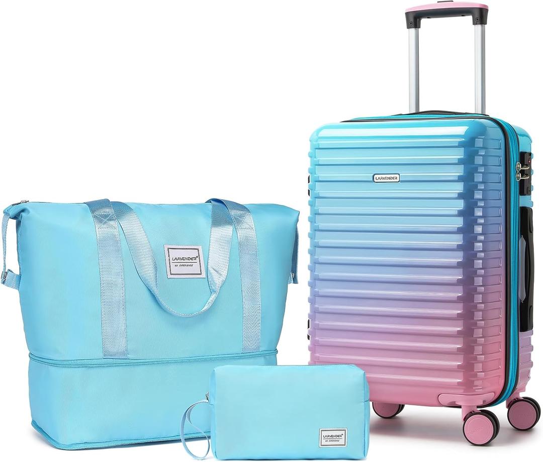 LARVENDER Expandable Carry on Luggage Suitcase with Wheels, Cotton Candy, 3 Piece Set