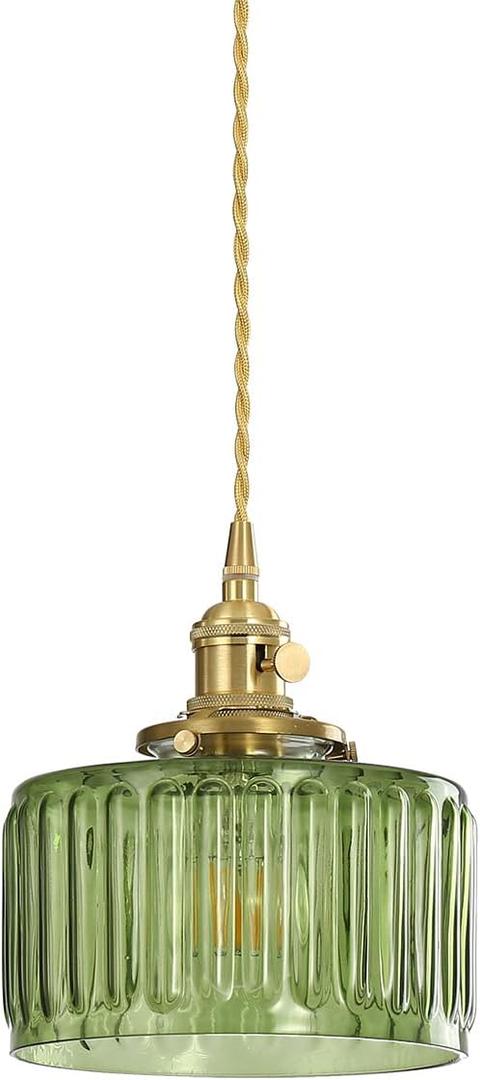 Vintage Pendant Light Fixtures, Brass Socket with ON/Off Switch and Green Glass Lamp Shade Pendant Light for Kitchen Island Farmhouse Living Room (Green,Striped)