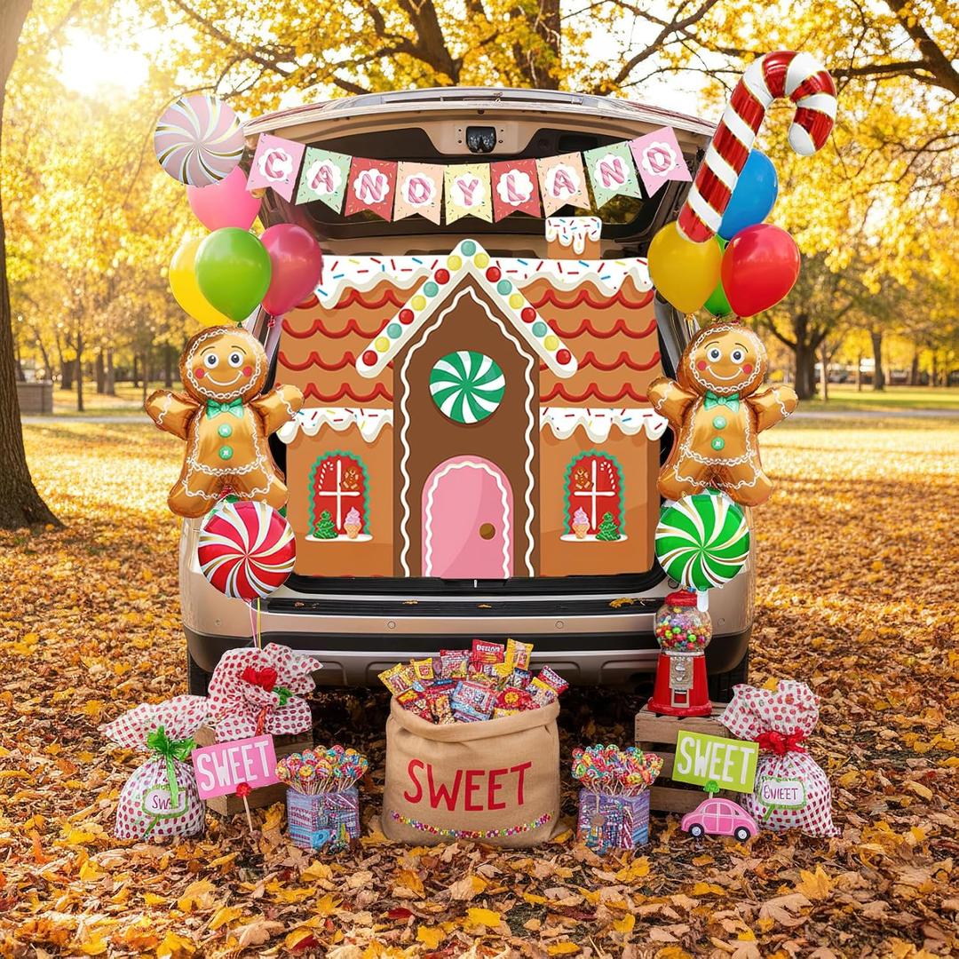 Halloween Trunk or Treat Car Decorations Kit Colorful Sweet candy Theme with Candy & Gingerbread Man Balloons Backdrop Banner for For Suv Car Archway Garage Door Party Decorations