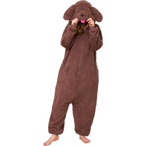 Loiahoer Unisex Animal Poodle Puppy Dog Costume Onesie Pajamas Halloween Costume Christmas Pajamas Gifts for Women & Men (Brown)