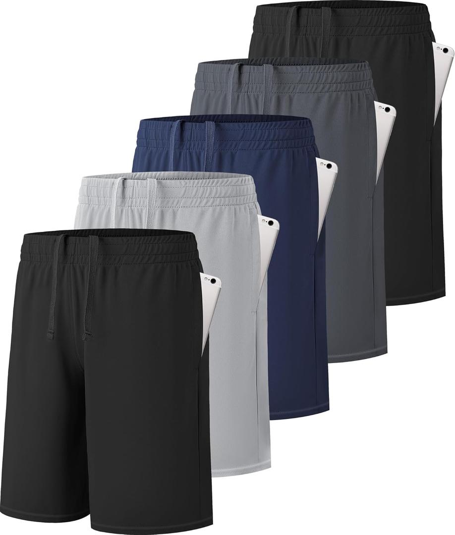 5 Pack Boys Athletic Shorts Active Performance Youth Kids Basketball Shorts Quick Dry with Elastic Waist Pockets (Large, 5a Black,black,dark Grey,navy,light Grey)