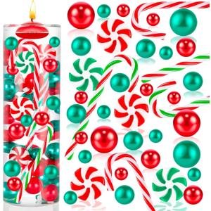 120 Pcs Christmas Vase Filler, Floating Green Red Fake Candy Cane Beads Pearls for Vases for Table Decorations Centerpieces