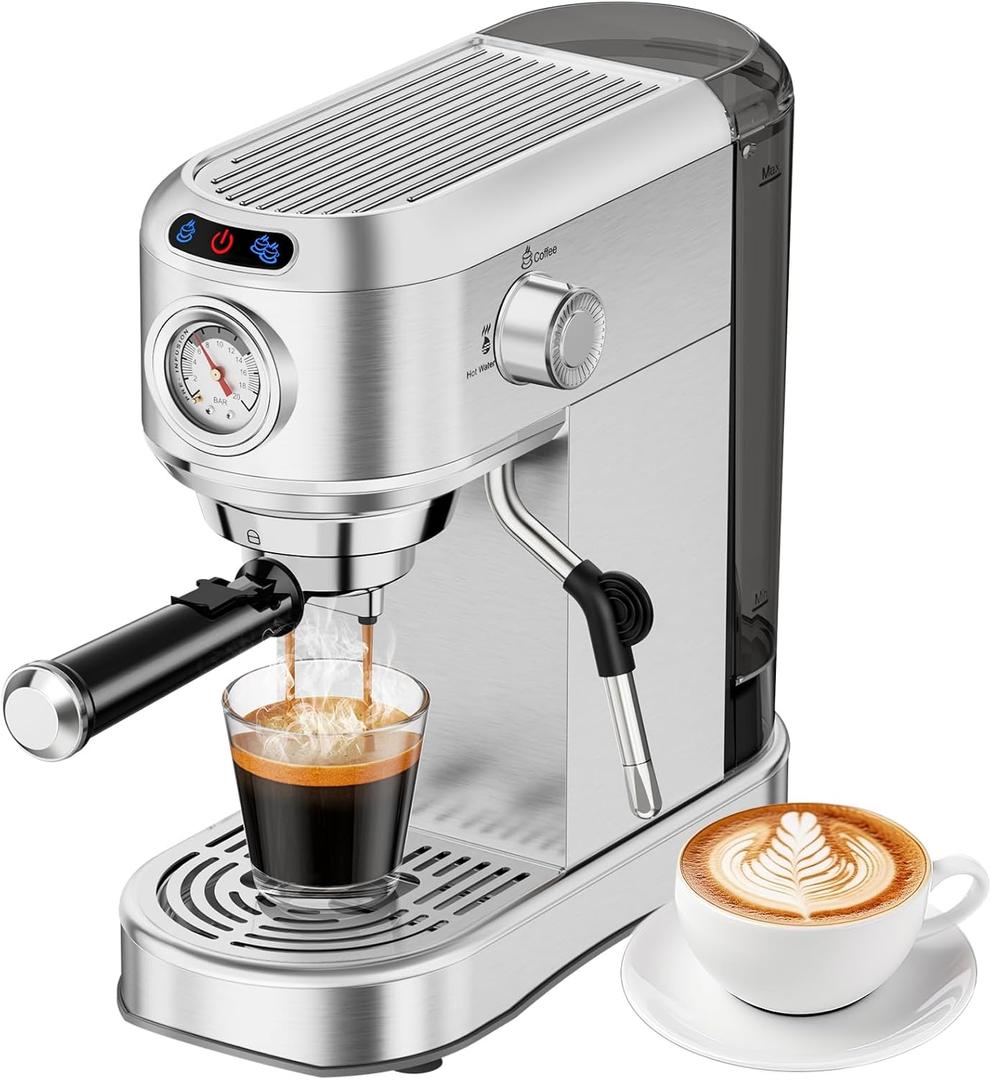 Espresso Machine 20 Bar, Compact Espresso Maker, Stainless Steel Expresso Coffee Machines with Steam Milk Frother & 34oz Removable Water Tank for Cappuccino, Latte, Home Office Use, Silver