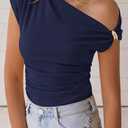 PRETTYGARDEN Womens Summer Off The Shoulder Crop Tops Ribbed Going Out Fitting T Shirts Trendy Spring Y2k Clothes 2026 (Blue, M)