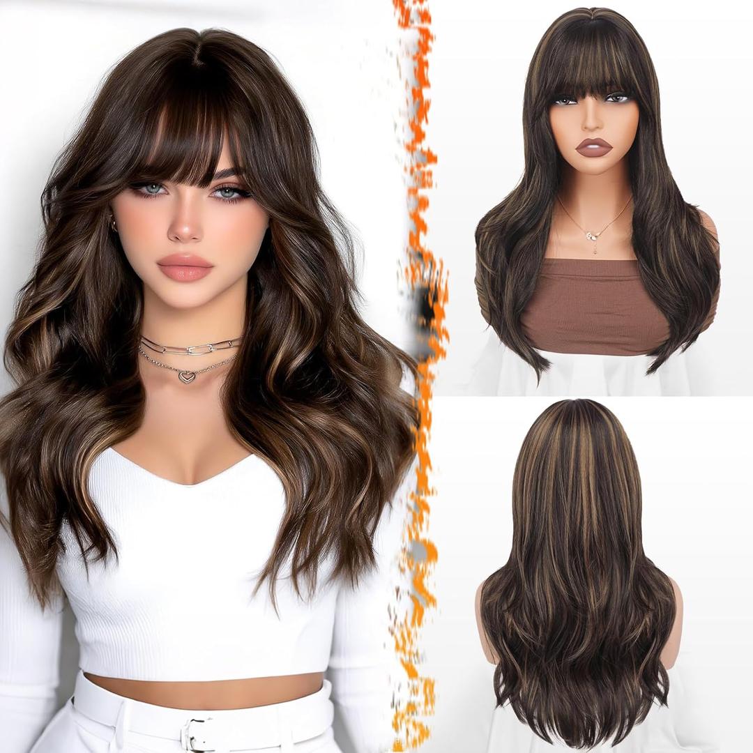 BARSDAR Dark Brown Mix Auburn Highlight Layered Wig with Bangs - 20 Inch Layered Wig with Bangs for Women, Natural Looking Soft Wavy Synthetic Wigs Straight Layers Haircut Fringe Daily