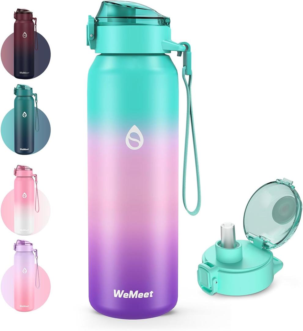 32oz Water Bottle with Removable Straw and Spout Lid Two Ways to Drink, 18/10 Stainless Steel Insulated Water Bottle, BPA-Free, Leak Proof, Double wall, for Sports, Gym (16.9 Ounces, GREEN PINK PURPLE)