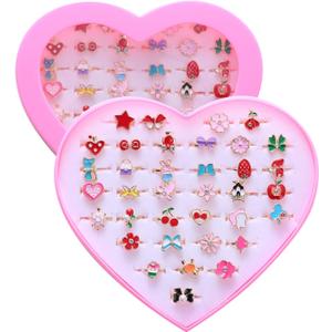 PASEMM 36pcs Little Girl Alloy Jewelry Rings, Adjustable, No Duplication Kids Play Ring in Box,Pretend and Dress Up Rings for 4-12 Year Old Girls Birthday Holiday Gifts, 4 5 6 7 8 9 10 11 12 Year Old Girl Toys for Kids