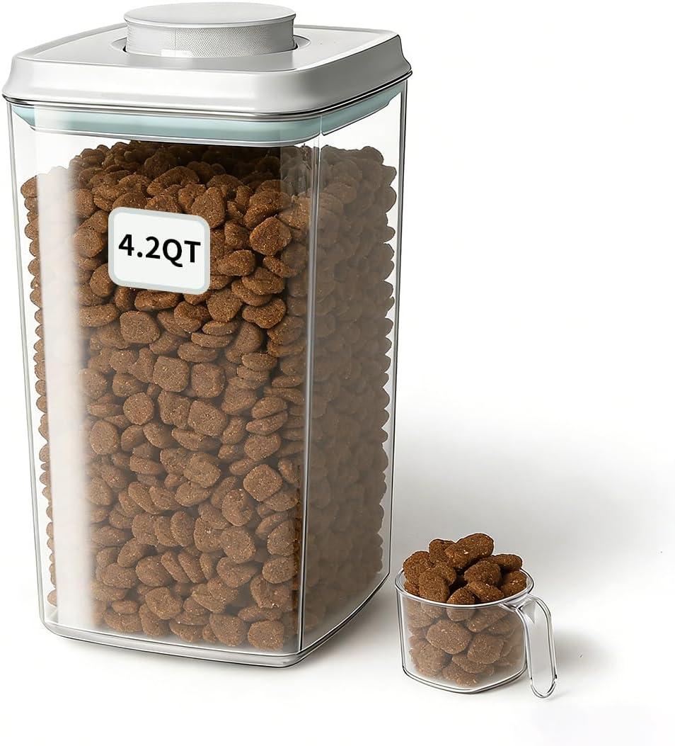Dog Food Storage Container with One-Touch Lid, 4.22 QT / 4.0 L BPA-Free Cat Food Storage ContainerStackable Durable PET with 130ml Scoop, for Kibble, Treats, and Precise Feeding