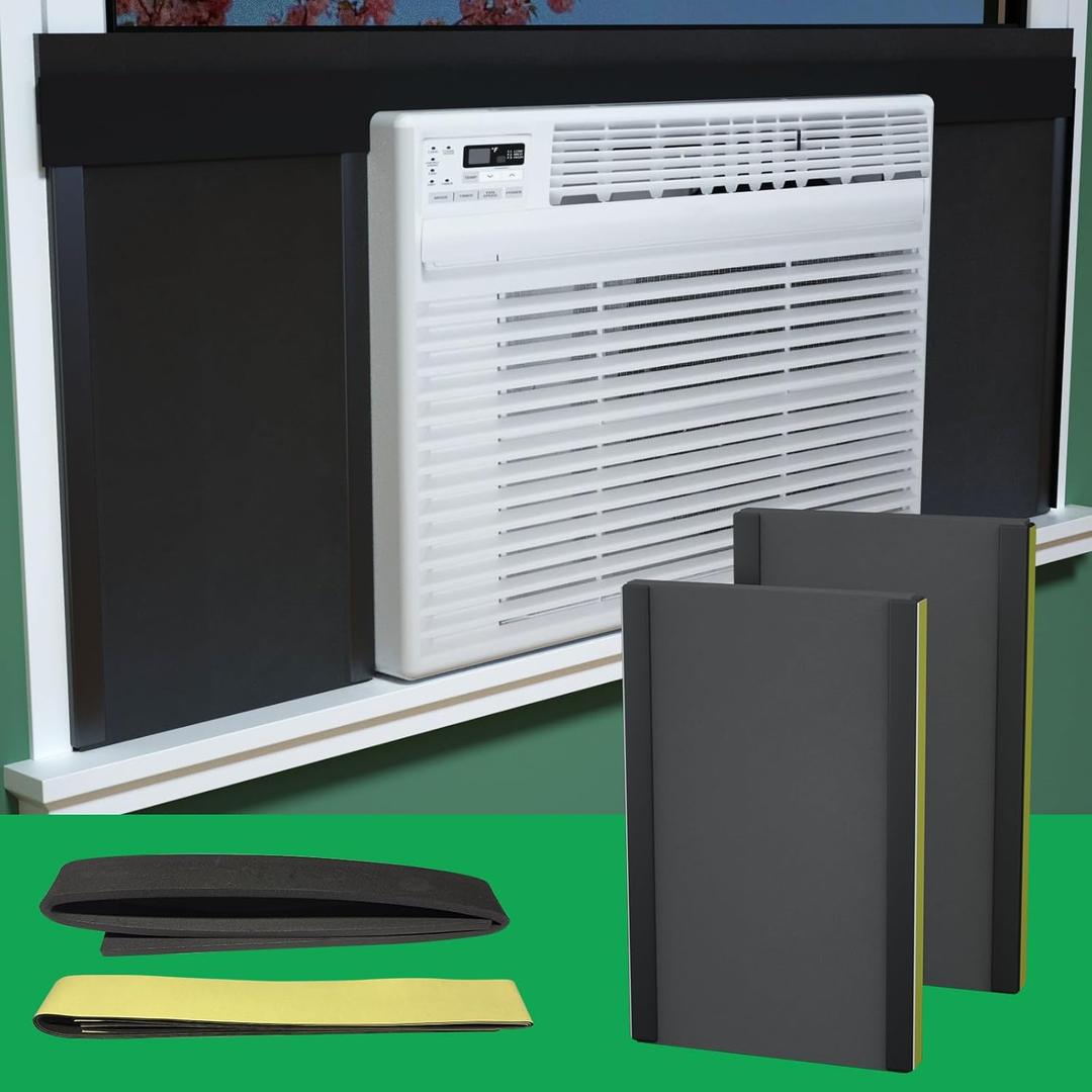 Window Air Conditioner,Side Insulated Foam Panel, Summer/Winter Heat and Draft Insulating,Full Surround Insulation Panels Window Seal with 4 pressure strips 2PIC (BLACK)