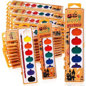 48 Pack Halloween Pumpkin Watercolor Paint Set for Kids 8 Washable Colors with Brushes Water Color Painting Kit for Halloween Painting Kit Gift Party Supplies