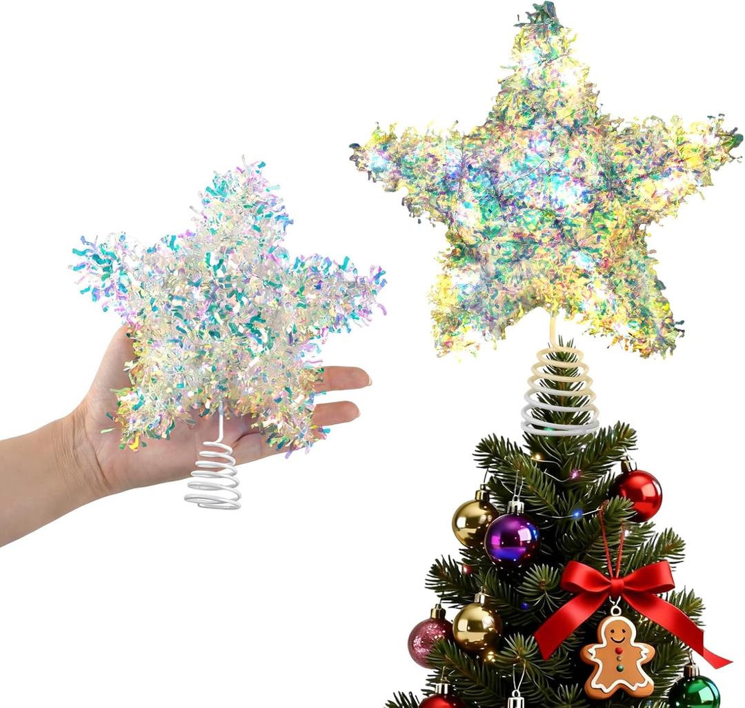 LAWOHO Christmas Tree Topper Star, Exquisite Christmas Decor, Mini Shiny Iridescent 6 Inch Christmas Tree Decoration with 6H Timer, 10 Warm Lights for Xmas Tree, Holiday & Party, Indoor Home
