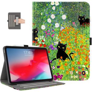 Case for iPad (A16) 11th Generation 2025, iPad 10th Generation Case with Pencil Holder Multi-Angle View Adjustable Stand Shockproof Protective with Pocket/Hand Strap/Auto Wake Sleep,Flower Garden Cat