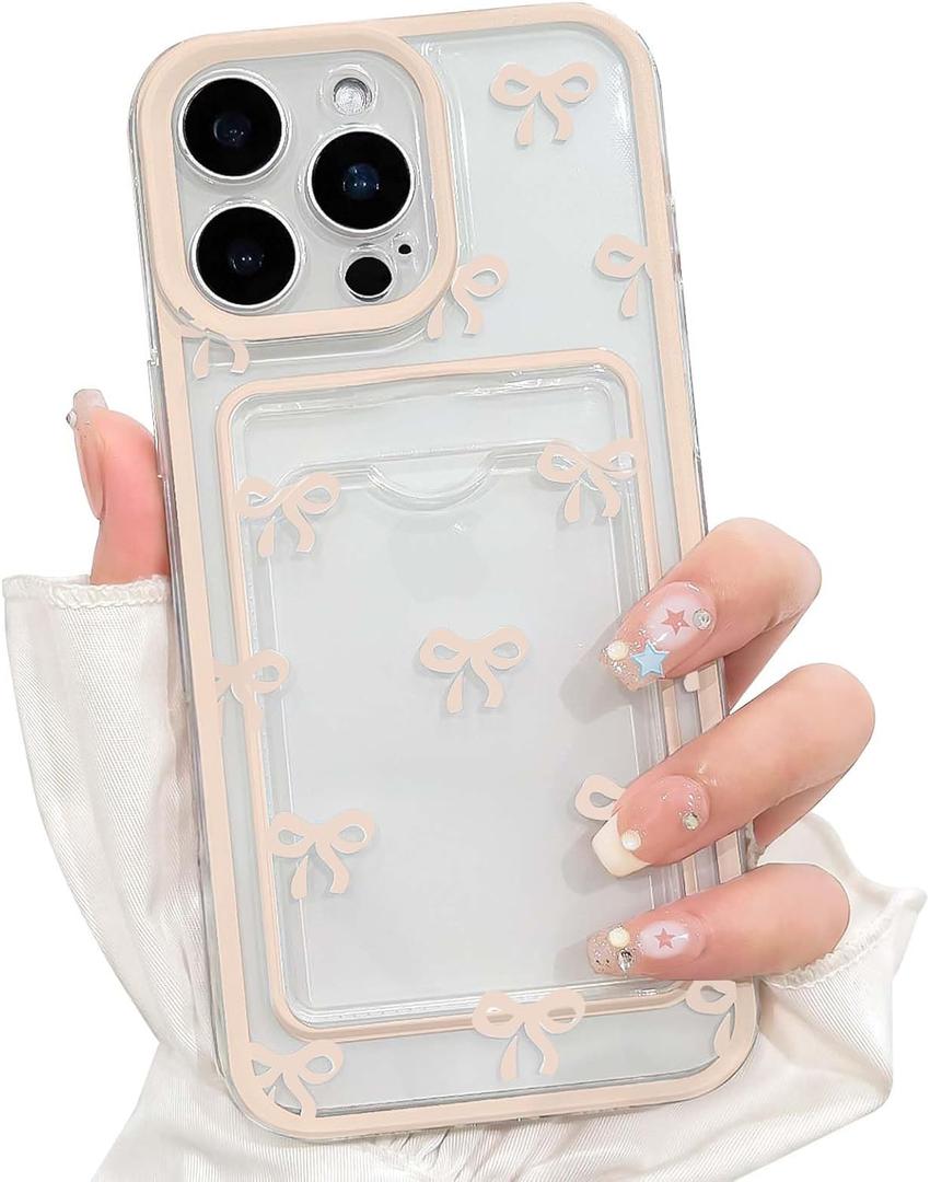 NITITOP Compatible with iPhone 16 Pro Max Case with Card Holder Clear Cute Bow Ribbon for Women Girls Colorful Frame Soft TPU Wallet Shockproof Protective Cover - Light Pink