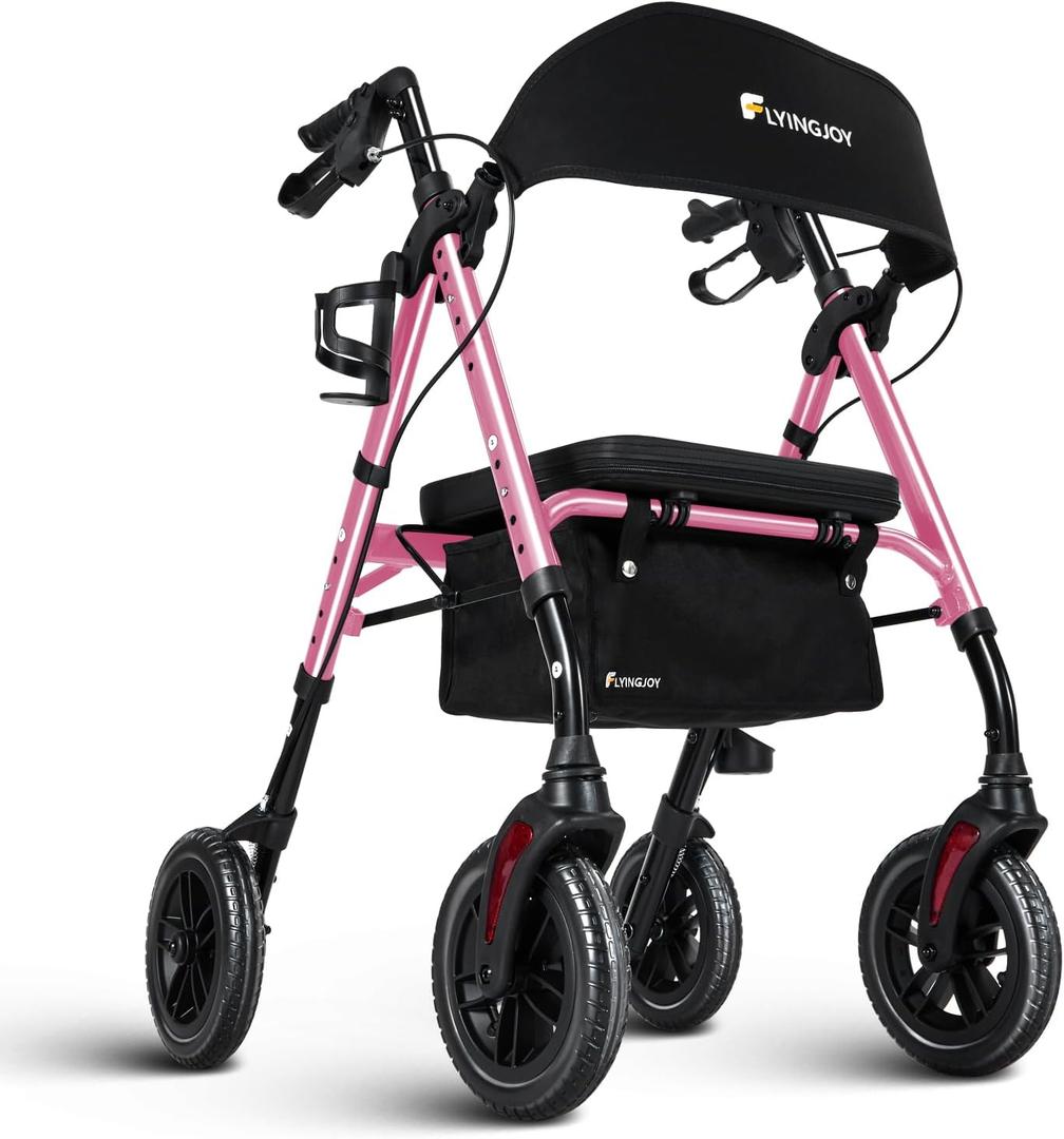 Lightweight Rollator Walker with Seat & Backrest - Foldable Mobility Aid for Seniors, 8" Airless Tires, Adjustable Height, 300 lbs Capacity, 4 Wheel Rolling Walkers for Seniors Pink