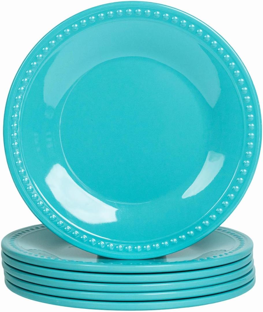11 inch Aqua Melamine Plastic Beaded Dinner Plate Set of 6, BPA Free, Chip & Break Resistant, Lightweight, Great for Dining, Weddings & Everyday Meals