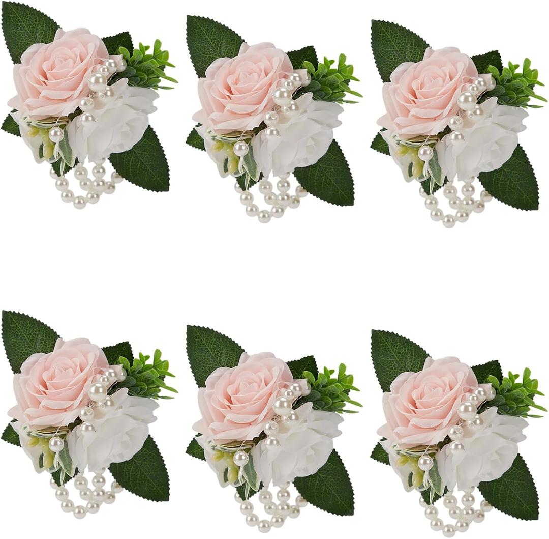 Wrist Corsage for Wedding White and Pink Rose, Set of 6, Wrist Corsages for Bride Bridesmaid Mother Wrist Flower Girl Women Prom Party, Homecoming Ceremony Anniversary